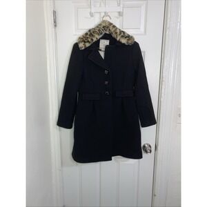 Kate Spade Black Wool Coat With Removeable Leopard Print Faux Fur Collar, Size 6